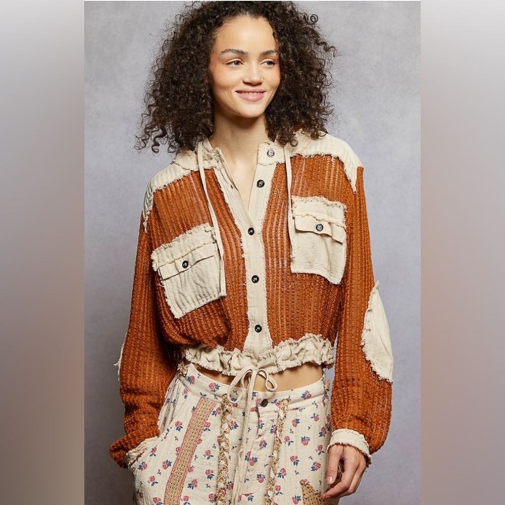 Open Knit Contrast Hooded Shacket with Frayed Edges - POL